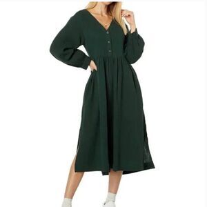 Madewell Lightspun Button Front Midi Dress Forrest Green size 4